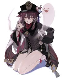 Rule 34 | 1girl, bead bracelet, beads, black hat, black nails, black shorts, bracelet, brown hair, chinese clothes, closed eyes, flower, full body, genshin impact, ghost, hat, hat flower, highres, hu tao (genshin impact), jewelry, kneeling, kushami deso, legs, long hair, long sleeves, looking at viewer, nail polish, open mouth, red eyes, ring, shoes, shorts, simple background, smile, socks, solo, symbol-shaped pupils, top hat, twintails, very long hair, white background