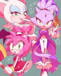 Rule 34 | 3girls, :o, amy rose, blaze the cat, breasts, closed mouth, dress, elbow gloves, fire, furry, furry female, gloves, green eyes, hairband, hammer, heart, holding, holding hammer, looking at viewer, misuta710, multiple girls, open mouth, orange eyes, red dress, red hairband, rouge the bat, sonic (series), standing, tail, white gloves