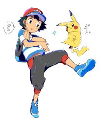 Rule 34 | 1boy, :3, ?, ame (ame025), ash ketchum, backpack, bag, baseball cap, black hair, blue footwear, commentary request, creatures (company), full body, game freak, gen 1 pokemon, grey pants, hat, male focus, nintendo, pants, pikachu, pokemon, pokemon (anime), pokemon (creature), pokemon sm (anime), red headwear, shirt, shoes, short hair, short sleeves, simple background, sparkle, spoken question mark, striped clothes, striped shirt, white background, z-ring