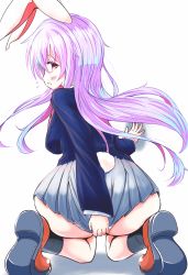 Rule 34 | 1girl, animal ears, ass, bad id, bad pixiv id, blush, breasts, covering ass, covering privates, hidamari (mizuiro yume koubou), highres, huge ass, large breasts, light purple hair, long hair, looking at viewer, looking back, microskirt, necktie, open mouth, panties, pantyshot, purple hair, rabbit ears, rabbit girl, rabbit tail, red eyes, reisen udongein inaba, simple background, skirt, solo, striped clothes, striped panties, tail, touhou, underwear, very long hair, white background