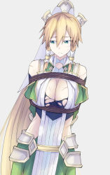 Rule 34 | 1girl, arms behind back, bare shoulders, blonde hair, bound, braid, breasts, captured, cleavage, cleavage cutout, clothing cutout, cuts, green eyes, green skirt, hao718, highres, injury, large breasts, leafa, leafa (terraria), long hair, looking away, midriff, ponytail, rope, skirt, sword art online, torn clothes, twin braids, very long hair
