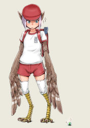 Rule 34 | 1girl, backpack, bad id, bad pixiv id, bag, blue eyes, feathers, female focus, full body, harpy, hat, light purple hair, monster girl, nucomas, original, pointy ears, shorts, simple background, solo, sparkle, winged arms, wings