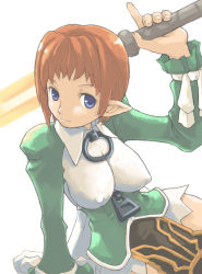 Rule 34 | 1girl, arm support, arm up, blue eyes, breasts, covered erect nipples, disgaea, green shirt, holding, impossible clothes, impossible shirt, large breasts, leaning, loincloth, looking at viewer, magic knight (disgaea), orange hair, pointing, pointy ears, pota, pota (nabrinko), shirt, short hair, simple background, sitting, smile, solo, sword, thighhighs, weapon, wide hips, wristband, zettai ryouiki, zipper