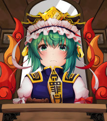 Rule 34 | 1girl, absurdres, balance scale, black hat, closed mouth, commentary request, epaulettes, frilled hat, frills, frown, green eyes, green hair, hat, highres, hira-san, indoors, judge, juliet sleeves, long sleeves, looking at viewer, mirror, puffy sleeves, rod of remorse, shiki eiki, short hair, solo, touhou, upper body, weighing scale