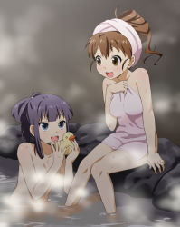 Rule 34 | 2girls, blue eyes, blue hair, brown eyes, brown hair, censored, convenient censoring, covering privates, impossible towel, mattaku mousuke, multiple girls, naked towel, nude, nude cover, onsen, rubber duck, sitting, smile, soaking feet, steam, steam censor, taneshima popura, towel, water, working!!, yamada aoi