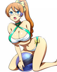 Rule 34 | 10s, 1girl, annoyed, aquarion (series), aquarion evol, ball, bare shoulders, beachball, bikini, blue eyes, blush, breast hold, breasts, brown hair, cleavage, criss-cross halter, curvy, glasses, hair ribbon, hairu, halterneck, huge breasts, kneeling, large breasts, legs, long hair, looking up, mix (aquarion), multicolored hair, navel, open mouth, ponytail, ribbon, shiny skin, simple background, solo, swimsuit, thighs, white background