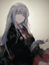 Rule 34 | 1girl, adjusting clothes, adjusting gloves, black jacket, closed mouth, collared shirt, commentary request, gloves, grey background, grey eyes, highres, hometa, jacket, long hair, looking at viewer, original, putting on gloves, red neckwear, shirt, silver hair, solo, white gloves, white shirt