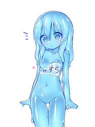 Rule 34 | 1girl, arms at sides, blue hair, blue sclera, blue skin, blush, breast slip, breasts, colored sclera, colored skin, cowboy shot, curss, heart, long hair, monster girl, name tag, navel, notice lines, nude, original, parted lips, peeling, simple background, slime girl, small breasts, solo, standing, thigh gap, white background