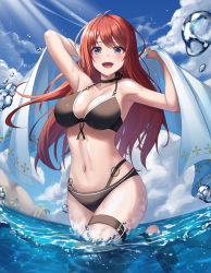 Rule 34 | 1girl, bare arms, bikini, black bikini, blue eyes, blue sky, breasts, cleavage, cloud, day, fisheye, large breasts, long hair, mookyuu9, navel, o-ring, ocean, open mouth, original, outdoors, palm tree, red eyes, sky, smile, solo, stomach, summer, swimsuit, thigh strap, towel, tree, wading