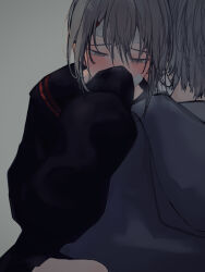 Rule 34 | 1boy, 1girl, 8rk9, black jacket, black sailor collar, blush, cold pack, commentary, coughing, covering own mouth, fever, grey eyes, grey jacket, hair between eyes, highres, hood, hood down, hooded jacket, jacket, leaning on person, long hair, long sleeves, looking down, nose blush, original, sailor collar, short hair, sick, sidelocks, sleeve cuffs, sleeves past fingers, sleeves past wrists, upper body