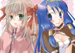 Rule 34 | 2girls, acolyte (ragnarok online), black dress, blue eyes, blue hair, blush, bow, braid, breasts, brown cape, cape, capelet, cleavage, closed mouth, commentary request, dress, expressionless, fur-trimmed cape, fur trim, green eyes, hair bow, high wizard (ragnarok online), long hair, looking at viewer, medium breasts, multiple girls, okosama lunch (sendan), pink capelet, pointy ears, ragnarok online, red bow, side braid, smile, tiara, two-tone dress, upper body, white dress