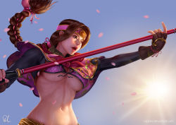 Rule 34 | 1girl, braid, breasts, brown eyes, brown hair, large breasts, long hair, midriff, navel, open mouth, ponytail, revealing clothes, seong mi-na, solo, soul calibur, soulcalibur vi, sweat, tagme, underboob, weapon