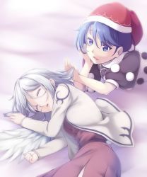 Rule 34 | 2girls, backlighting, bad id, bad twitter id, beige jacket, black dress, blue eyes, blue hair, colored eyelashes, doremy sweet, dress, closed eyes, hand in another&#039;s hair, hand on own cheek, hand on own face, hat, kishin sagume, light, long sleeves, lying, midorino eni, multicolored clothes, multicolored dress, multiple girls, nightcap, on side, on stomach, open mouth, parted lips, pom pom (clothes), puffy short sleeves, puffy sleeves, purple dress, short hair, short sleeves, silver hair, single wing, smile, touhou, white dress, white wings, wings