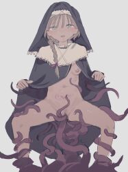 Rule 34 | 1girl, absurdres, blue eyes, blush, braid, breasts, commentary request, drooling, feet out of frame, grey background, grey hair, habit, highres, kuhen10sub, long hair, looking at viewer, nun, open mouth, original, pubic tattoo, saliva, side braid, simple background, sketch, small breasts, solo, spread legs, tattoo, tentacle sex, tentacles