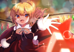 Rule 34 | 1girl, :d, alternate costume, blonde hair, blurry, blurry background, bokeh, capelet, christmas, crystal, depth of field, flandre scarlet, glint, looking at viewer, no headwear, one side up, open mouth, reaching, reaching towards viewer, red eyes, smile, solo, touhou, wings, yuineko