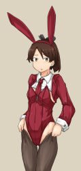 Rule 34 | 1girl, animal ears, bow, bowtie, brown background, brown eyes, brown hair, brown pantyhose, chagamaka, clothes hanger, cowboy shot, cropped jacket, cropped shirt, dressing, fake animal ears, highres, holding, holding clothes, jacket, kantai collection, leotard, looking at viewer, meme attire, necktie, pantyhose, playboy bunny, ponytail, rabbit ears, rabbit tail, red bow, red bowtie, red jacket, red leotard, red necktie, reverse bunnysuit, reverse outfit, shikinami (kancolle), shirt, short hair, simple background, solo, standing, strapless, strapless leotard, tail, thigh gap, white shirt, you&#039;re doing it wrong