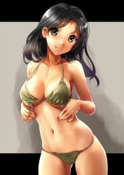 Rule 34 | 1girl, adjusting clothes, adjusting swimsuit, bikini, black hair, breasts, brown bikini, brown eyes, closed mouth, commentary request, cowboy shot, katahira masashi, letterboxed, long hair, looking at viewer, medium breasts, navel, original, skindentation, smile, solo, standing, swimsuit