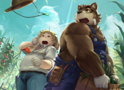 Rule 34 | 2boys, animal ears, bandaid, bara, bare shoulders, bear boy, bear ears, belly, blonde hair, blue overalls, brown eyes, brown fur, chest hair, iimori choji, cloud, cloudy sky, corn cob, fat, food, from below, fruit, furry, furry male, glasses, gloves, hat, highres, jewelry, leaf, male focus, multiple boys, muscular, muscular male, nion (n ionion), overalls, pen, shirt, short hair, sky, straw hat, tattoo, thick eyebrows, tokyo houkago summoners, tomato plant, towel, volos (housamo), watermelon, white shirt, wind