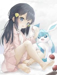 Rule 34 | 1girl, :d, absurdres, barefoot, black hair, blue eyes, commentary request, creatures (company), dawn (pokemon), full body, game freak, gen 4 pokemon, glaceon, hair ornament, hairclip, hand up, highres, long hair, looking at viewer, nintendo, open mouth, panties, pink shirt, pink skirt, pleated skirt, poke ball, poke ball (basic), pokemon, pokemon (creature), pokemon dppt, premier ball, scarf, shirt, sitting, skirt, smile, soles, underwear, utatanecocoa, white panties, white scarf
