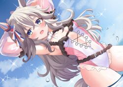 Rule 34 | 1girl, absurdres, adapted costume, alternate costume, animal ears, armpits, arms behind head, arms up, arrow (symbol), blue eyes, blue sky, blush, breasts, bright pupils, casual one-piece swimsuit, center opening, choker, cloud, collarbone, commentary request, covered navel, cowboy shot, cross-laced clothes, crossed bangs, day, detached sleeves, ear covers, embarrassed, flying sweatdrops, frilled choker, frilled one-piece swimsuit, frilled sleeves, frills, grey hair, hair between eyes, hair ornament, highres, horse ears, horse girl, horse tail, kurashina yuzuki, linea alba, long sleeves, looking at viewer, multicolored hair, navel, ocean, one-piece swimsuit, open mouth, outdoors, pink one-piece swimsuit, pom pom (clothes), ribbon, see-through, see-through sleeves, short eyebrows, sideboob, sidelocks, single ear cover, sky, small breasts, solo, sparkle, standing, streaked hair, striped ribbon, swimsuit, tail, thick eyebrows, thighs, two-tone swimsuit, umamusume, water, water drop, wavy hair, white choker, white hair, white one-piece swimsuit, wonder acute (umamusume)