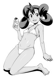 Rule 34 | 1girl, :d, bad feet, bare shoulders, bikini, breasts, cleavage, commentary request, creatures (company), curvy, dark-skinned female, dark skin, game freak, greyscale, long hair, looking at viewer, monochrome, navel, nintendo, open mouth, pokemon, pokemon xy, pokewalker, quad tails, shauna (pokemon), simple background, smile, solo, swimsuit, tamagoroo, twintails, white background