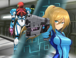 Rule 34 | 1girl, arm cannon, armor, ass, blonde hair, blue eyes, breasts, glowing, gun, hair ornament, helmet, highres, jewelry, long hair, looking at viewer, metroid, metroid (classic), metroid dread, mole, mole under mouth, nintendo, ponytail, power armor, power suit, samus aran, science fiction, sidelocks, simple background, solo, upper body, vanishingknife, visor, weapon, zero suit