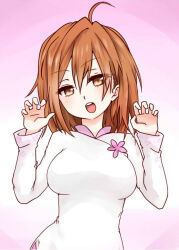 Rule 34 | 1girl, ahoge, breasts, brown eyes, brown hair, claw pose, commentary request, dress, floral print, hair between eyes, hands up, head tilt, i.u.y, large breasts, light blush, long bangs, long sleeves, looking at viewer, medium hair, messy hair, misaka worst, monochrome background, open mouth, pink background, sidelocks, solo, teeth, toaru majutsu no index, toaru majutsu no index: new testament, upper body, upper teeth only, vietnamese dress, white dress