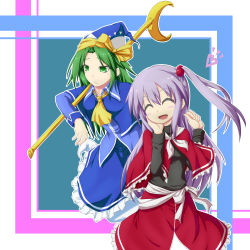 Rule 34 | 2girls, ^ ^, ^o^, capelet, closed eyes, crescent, crescent moon, closed eyes, frilled skirt, frills, green eyes, green hair, hand on own cheek, hand on own face, hat, hat ribbon, killing, light purple hair, long hair, mima (touhou), moon, multiple girls, ribbon, shinki (touhou), shirt, side ponytail, skirt, smile, stave, sun symbol, touhou, touhou (pc-98), wizard hat