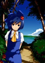 Rule 34 | 1girl, arms behind back, ascot, blue eyes, blue hair, bow, cirno, cloud, collared shirt, day, dress, flower, hair bow, hair flower, hair ornament, hibiscus, highres, hosimo, matching hair/eyes, no wings, shirt, short hair, smile, solo, touhou, tree, water, yellow ascot