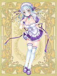 Rule 34 | 1girl, apron, breasts, cleavage, detached sleeves, frills, full body, green eyes, green hair, large breasts, maid apron, psychic hearts, shoes, solo, thighhighs, white thighhighs, wrist cuffs