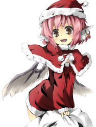 Rule 34 | 1girl, alternate costume, alternate eye color, animal ears, bad id, bad pixiv id, brown eyes, capelet, dress, earrings, fang, female focus, hat, highres, jewelry, leaning forward, long sleeves, mystia lorelei, open mouth, pink hair, red dress, red skirt, revision, sack, santa costume, santa hat, short hair, simple background, skirt, smile, solo, touhou, urimono, white background, wings