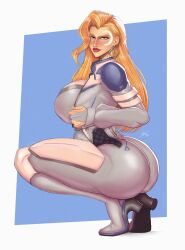 1girl absurdres ass blonde_hair bodysuit breasts crescent crescent_facial_mark cropped_jacket dagger_(marvel) earrings facial_mark grey_bodysuit grey_jacket high_heels highres jacket jewelry large_breasts long_hair looking_at_viewer marvel marvel_rivals nexjade open_clothes open_jacket red_lips solo squatting