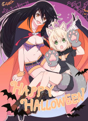Rule 34 | 1boy, 1girl, absurdres, ahoge, animal ears, animal hands, bandaged arm, bandages, bell, black hair, blonde hair, cape, choker, fangs, gloves, green eyes, halloween costume, highres, laphicet (tales), long hair, neck bell, open mouth, paw gloves, sayame, short hair, tail, tales of (series), tales of berseria, velvet crowe, yellow eyes