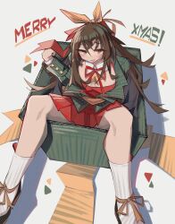 Rule 34 | 1girl, absurdres, arknights, brown hair, christmas, commentary, dress, english commentary, green eyes, green jacket, hair between eyes, heterochromia, highres, jacket, kafka (arknights), long hair, long sleeves, looking at viewer, merry christmas, mismatched pupils, neck ribbon, orange eyes, pleated dress, red dress, red ribbon, ribbon, sidelocks, solo, togekk0, white background