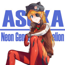 Rule 34 | 10s, 1girl, animal ears, animal hat, bad id, bad pixiv id, badge, black hat, blue eyes, bodysuit, bracer, breasts, button badge, cabbie hat, cat hat, character name, closed mouth, copyright name, duct tape, evangelion: 3.0 you can (not) redo, eyebrows, eyepatch, fake animal ears, fish.boy, frown, gloves, hair between eyes, hat, hat ornament, highres, jacket, knee up, long hair, long sleeves, looking at viewer, looking down, neon genesis evangelion, open clothes, open jacket, orange hair, parted bangs, pilot suit, plugsuit, rebuild of evangelion, single vertical stripe, sitting, small breasts, solo, souryuu asuka langley, track jacket, turtleneck, white background