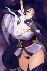 Rule 34 | absurdres, breasts, bridal gauntlets, cosplay, drawing sword, electricity, fate/grand order, fate (series), genshin impact, highres, hioyami, holding, holding sword, holding weapon, human scabbard, large breasts, long hair, low-tied long hair, minamoto no raikou (fate), mitsudomoe (shape), musou isshin (genshin impact), nail polish, obi, panties, parody, purple eyes, purple hair, purple nails, raiden shogun, raiden shogun (cosplay), sash, string panties, sword, sword between breasts, tomoe (symbol), trait connection, underwear, very long hair, weapon