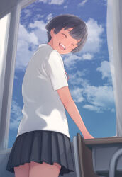 Rule 34 | 1girl, blue sky, closed eyes, cloud, cloudy sky, desk, highres, kamo (gafas), looking at viewer, open mouth, school uniform, shirt, skirt, sky, smile, solo, white shirt