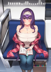 Rule 34 | 1girl, absurdres, blush, book, breasts, cleavage, cosplay, hairband, hie (hiememiko), hiememiko, highres, holding, holding book, idolmaster, idolmaster cinderella girls, large breasts, looking at viewer, off-shoulder sweater, off shoulder, original, paid reward available, purple eyes, purple hair, ribbed sweater, sagisawa fumika, sagisawa fumika (cosplay), seat, sitting, smile, solo, sweater, train interior