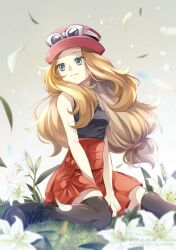 Rule 34 | 1girl, bare arms, blonde hair, blurry, breasts, closed mouth, commentary request, creatures (company), depth of field, eyewear on headwear, falling petals, flower, game freak, grass, grey eyes, hat, high-waist skirt, highres, long hair, looking to the side, medium breasts, nintendo, petals, pink hat, pokemon, pokemon xy, serena (pokemon), shirt, shoes, sitting, skirt, sleeveless, sleeveless shirt, solo, sunglasses, thighhighs, white-framed eyewear, yomogi (black-elf)