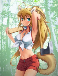 Rule 34 | 1girl, alternate hairstyle, animal ears, antenna hair, aqua eyes, armpits, axe, blonde hair, board game, bow, breasts, chain, chain necklace, cleavage, dog ears, dog tags, dog tail, female focus, firewood, forest, hair ornament, highres, holding, jewelry, kogaran, large breasts, long hair, nature, navel, necklace, ponytail, shorts, sleeveless, solo, sweat, sweatdrop, tail, tongue, tongue out, tsurumaki maki, very long hair, vest, vocaloid, voiceroid, weapon, wood