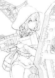 Rule 34 | 1girl, bag, braid, capelet, commentary request, cowboy shot, crane (machine), dress, greyscale, gun, highres, hood, hooded capelet, kantai collection, lineart, looking to the side, machinery, monochrome, pleated dress, rigging, shinshuu maru (kancolle), short dress, simple background, solo, twin braids, weapon, zombie mogura
