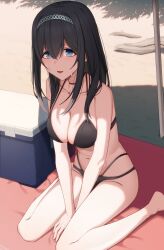 Rule 34 | 1girl, bare legs, bare shoulders, beach, between legs, bikini, black bikini, black choker, black hair, blue eyes, breasts, choker, cleavage, collarbone, commentary request, cooler, driftwood, groin, hair between eyes, hairband, hand between legs, highres, horitama0212, idolmaster, idolmaster cinderella girls, large breasts, long hair, looking at viewer, navel, open mouth, sagisawa fumika, sitting, smile, solo, sweat, swimsuit, thighs, wariza
