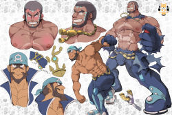 Rule 34 | 2boys, abs, anchor symbol, archie (pokemon), artist logo, bandana, bara, belt, blue bandana, blue bodysuit, blush, bodysuit, bulge, closed mouth, creatures (company), detached collar, facepaint, game freak, gen 3 pokemon, gloves, highres, jewelry, knee pads, large pectorals, male focus, matt (pokemon), mature male, multiple boys, multiple views, muscular, muscular male, navel, necklace, nintendo, nipples, pectoral cleavage, pectorals, poke ball, pokemon, pokemon (creature), pokemon oras, poses, pubic hair, sharpedo, shibadon co, short hair, sideburns, simple background, smile, stomach, symbol, tan, thick thighs, thighs, tight clothes, topless male, torn clothes, variations
