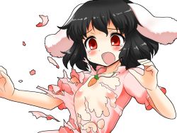 Rule 34 | 1girl, animal ears, bad id, bad pixiv id, black hair, blush, carrot, carrot necklace, dress, exploding clothes, flat chest, inaba tewi, jewelry, large areolae, mono (moiky), necklace, nipples, open mouth, pendant, rabbit ears, red eyes, short hair, solo, tears, torn clothes, touhou, transparent background, upper body, white background