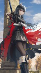 Rule 34 | 1girl, animal ears, arknights, autumn leaves, black coat, black hair, black pantyhose, blue sky, boots, cape, cloud, coat, cross-laced footwear, crossed arms, crossed legs, gauntlets, highres, lace-up boots, leaf, leaning, long hair, pantyhose, pillar, red cape, ruins, salt on dice, skirt, sky, solo, tail, texas (arknights), texas the omertosa (arknights), texas the omertosa (wingbreaker) (arknights), vambraces, wolf ears, wolf tail