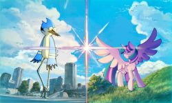 Rule 34 | 1boy, 1girl, beak, bird, city, cityscape, cloud, crossover, feathered wings, full body, grass, horns, kimi no na wa., meme, mordecai (regular show), mordetwi (meme), multicolored hair, my little pony, my little pony: friendship is magic, outdoors, parody, photo-referenced, pony (animal), purple hair, regular show, single horn, sky, standing, streaked hair, twilight sparkle, winged unicorn, wings