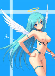 Rule 34 | 1girl, angel, angel wings, bad id, bad pixiv id, blue eyes, blue hair, blush, breasts, colored pubic hair, cowboy shot, cygnus (cygnus7), female pubic hair, frown, halo, hand on own hip, highres, long arms, long hair, matching hair/eyes, medium breasts, navel, nipples, nude, original, pubic hair, pussy, pussy juice, revision, solo, tattoo, uncensored, wings