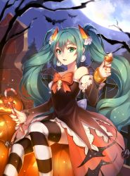 Rule 34 | 1girl, aqua eyes, aqua hair, bare shoulders, bat (animal), bat wings, black dress, bow, brick wall, candy, candy cane, cupcake, detached sleeves, dress, fang, food, green eyes, hair ornament, halloween, hatsune miku, highres, holding, holding food, jack-o&#039;-lantern, light particles, long hair, long sleeves, looking at viewer, moon, multicolored nails, nail polish, night, night sky, orange bow, orange nails, parted lips, pumpkin, qingshui ai, ruins, sitting, sky, solo, strapless, strapless dress, striped clothes, striped thighhighs, sweets, thighhighs, twintails, very long hair, vocaloid, wall, white nails, wings, yellow nails