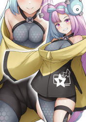 Rule 34 | 1girl, aqua hair, bare shoulders, blush, breasts, character hair ornament, clenched teeth, closed mouth, creatures (company), game freak, hair ornament, head out of frame, highres, iono (pokemon), jacket, looking at viewer, medium breasts, mizushina minato, multicolored hair, multiple views, nintendo, oversized clothes, pink eyes, pink hair, pokemon, pokemon sv, sharp teeth, smile, teeth, thigh strap, two-tone hair, yellow jacket