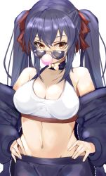 Rule 34 | absurdres, bare shoulders, belly, bimmy, black hair, breasts, chewing gum, chewing gum, choker, cleavage, crop top, ears, hands on own hips, highres, jacket, long hair, medium breasts, midriff, navel, neptune (series), noire (neptunia), pants, red eyes, ribbon, shades, simple background, trousures, tsundere, twintails, very long hair, white background